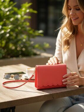 Coral Pink Wallet Crossbody Scalloped Flap Gold Chain Strap Compact Purse NWOT